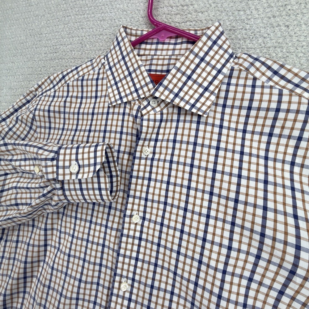ISAIA Napoli Dress Shirt Mens 16/41 White Brown Blue Plaid Cotton Made In Italy